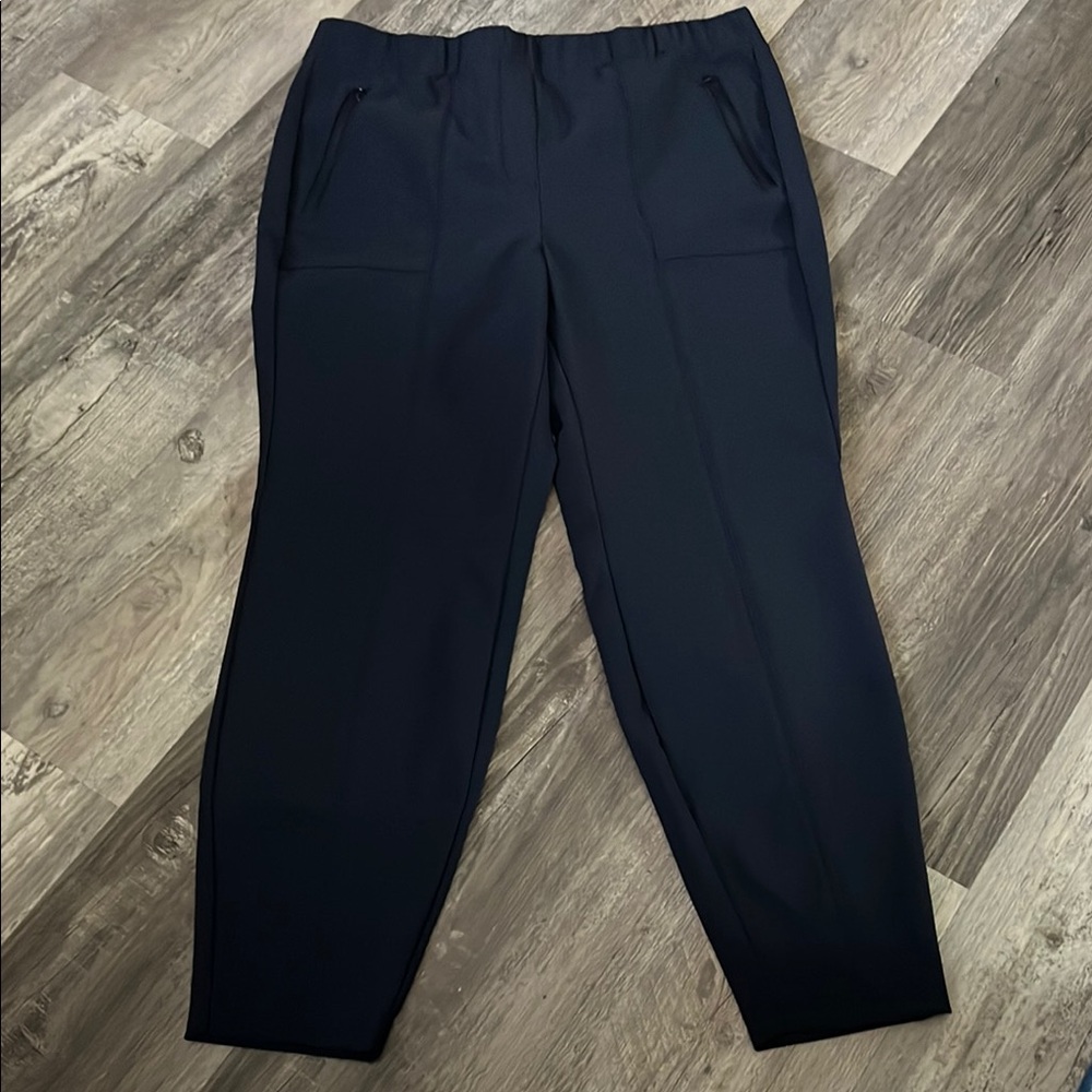 Navy Blue Ankle Cropped Pants with Elastic Waistband and Straight Leg Cut